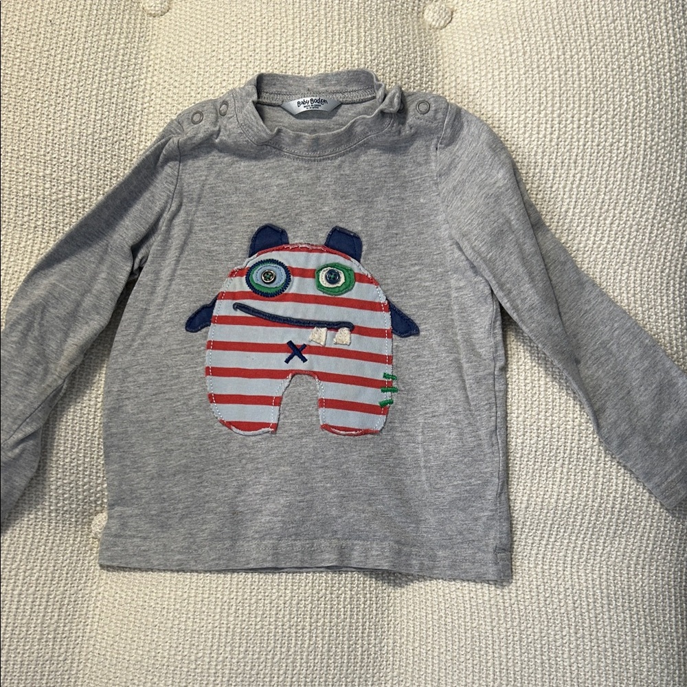 Baby Boden Gray Long Sleeve Shirt with Striped Monster Size 18-24 mos